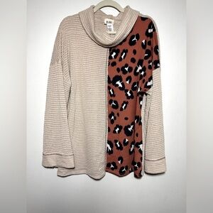 BiBi Woman’s Cream and Brown Leopard Print Waffle Long Sleeve Top Size Large